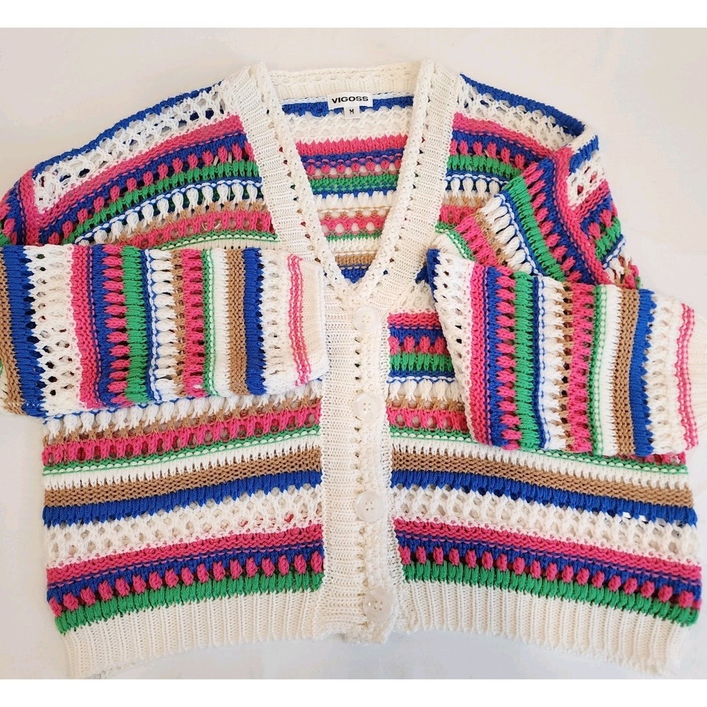 Crochet Med Crop Sweater Cardigan Multi Cozy Stylish Casual Layer Cool Chick